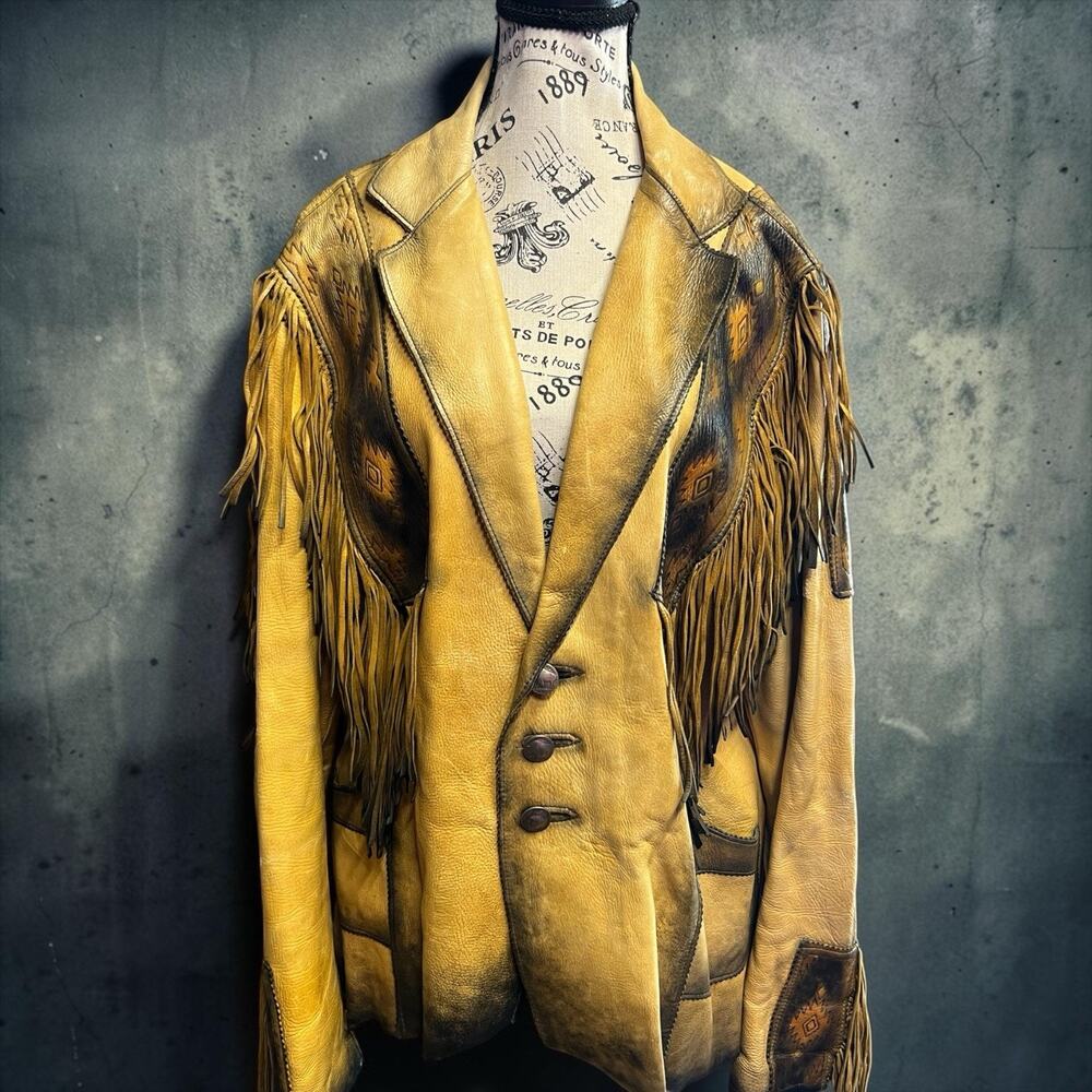 Vintage Wilderness Wayne Leather Jacket 46 L Hand Painted Fringe Silver Nickel